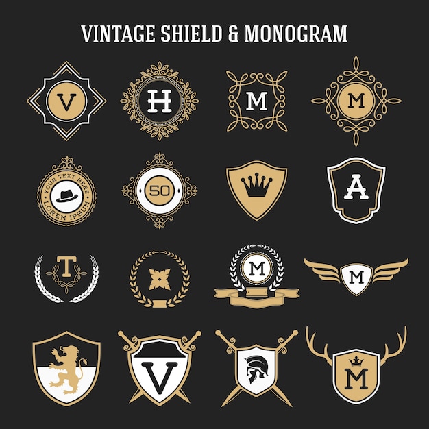 Vettore set di monogram vintage e elementi scudo