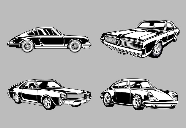 Set of Vintage muscle and classic cars in monochrome Retro style cars