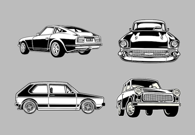 Set of Vintage muscle and classic cars in monochrome Retro style cars