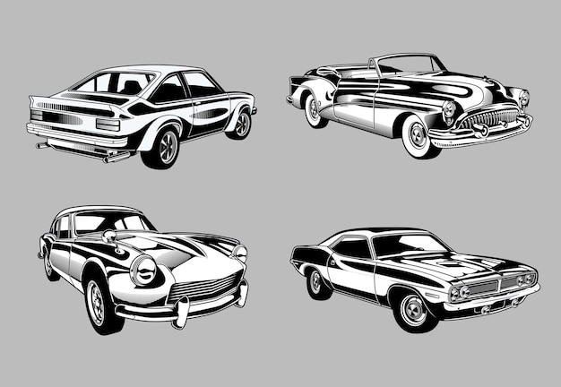 Vector set of vintage muscle and classic cars in monochrome retro style cars