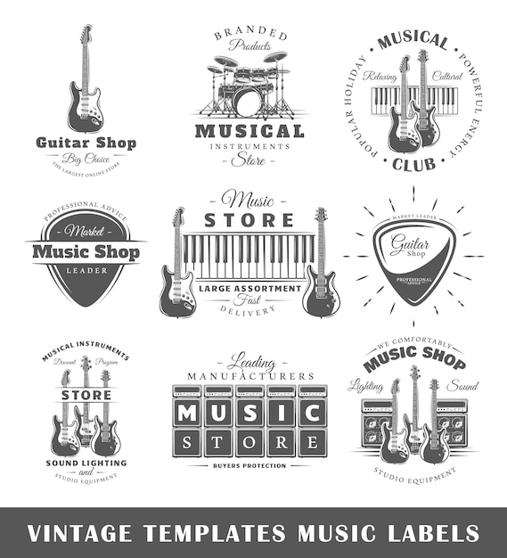 Vector set of vintage musical labels templates