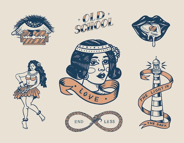 Set of vintage old school Tattoo Characters Playing Cards Hawaiian hula dancer woman lips and lighthouse panther dice and snake Engraved hand drawn sketch Badges print or patches for tshirt