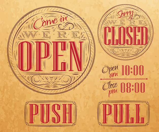 Vector set vintage open closed kraft