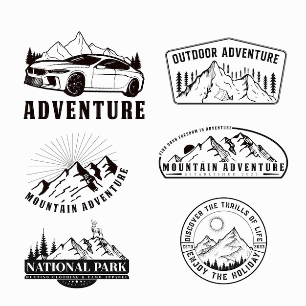 Vector set of vintage outdoor mountain adventure logo patches