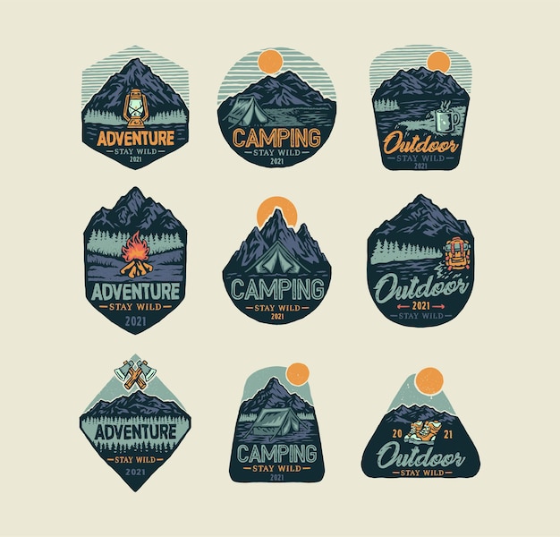 Set di vintage outdoor summer camp, stile linea disegnata a mano con colore digitale, illustrazione