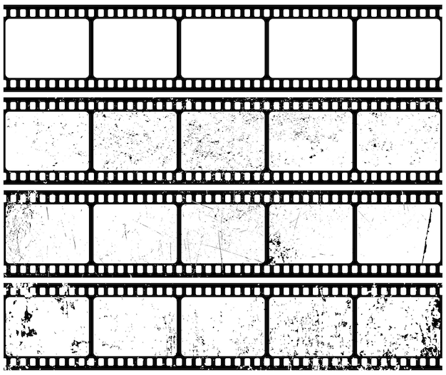 Набор старинных фотографических или кинофильмов, поврежденных и чистых векторных монохромных иллюстраций