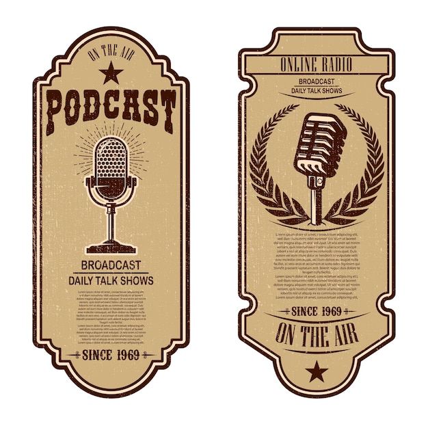 Set of vintage podcast, radio flyers with microphone