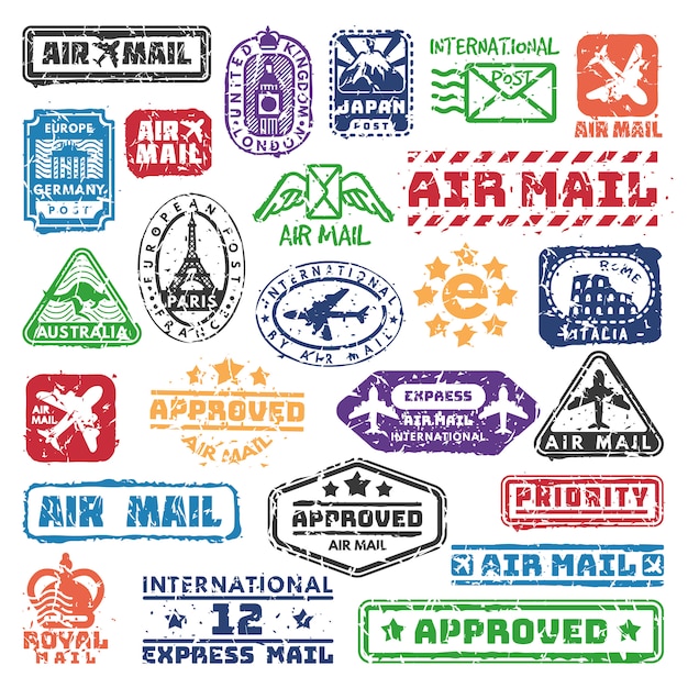 Set of vintage postage mail stamps.