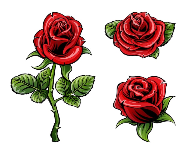 문신 스타일의 빈티지 빨간 장미 꽃 세트