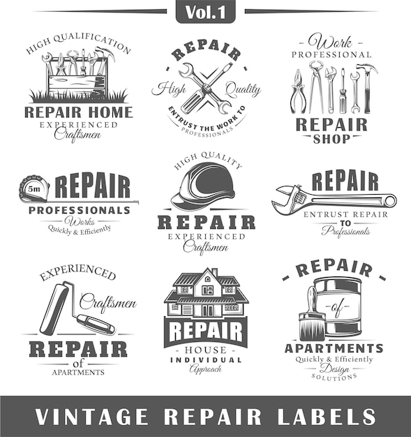 Set of vintage repair logos.