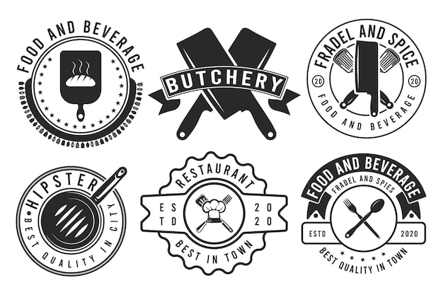 Set of the vintage restaurant Butchery logo set 6 Meat shop bbq emblems butchery shop