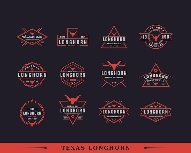 Set di badge retrò vintage per logo della fattoria della campagna della famiglia della testa di toro occidentale del texas longhorn