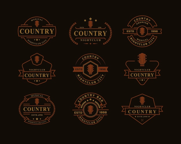 Set vintage retro badge voor country gitaar muziek western saloon bar cowboy logo embleem symbool