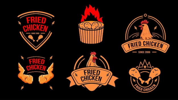 Set vintage retro gebakken kip restaurant logo met donkere achtergrond