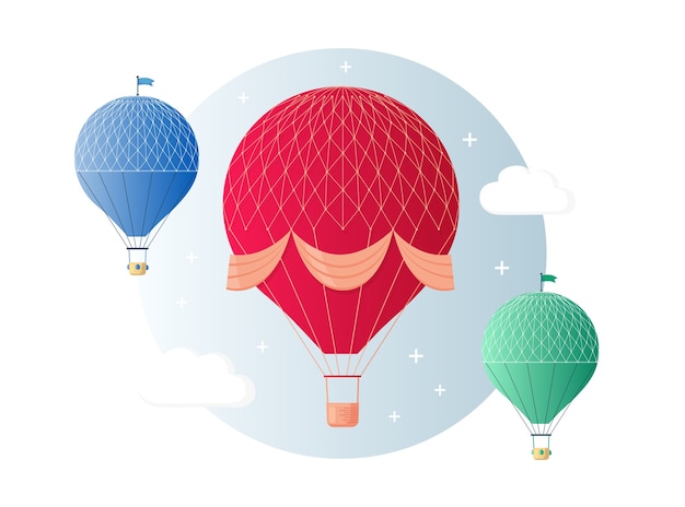 Set vintage retro hete luchtballon met mand in de lucht