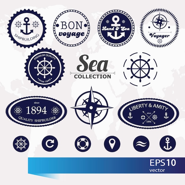 Vettore set di distintivi nautici retrò vintage, etichette e icone - vector