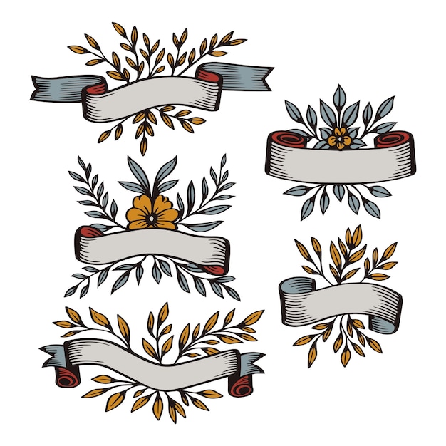 Set of vintage ribbon banner scroll with leaves Vector elements collection