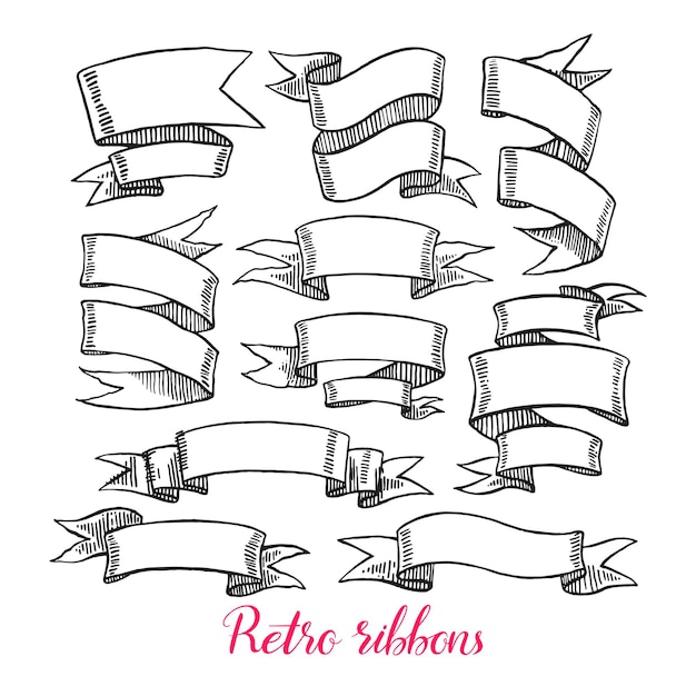 Set of vintage ribbon banners. hand-drawn illustration