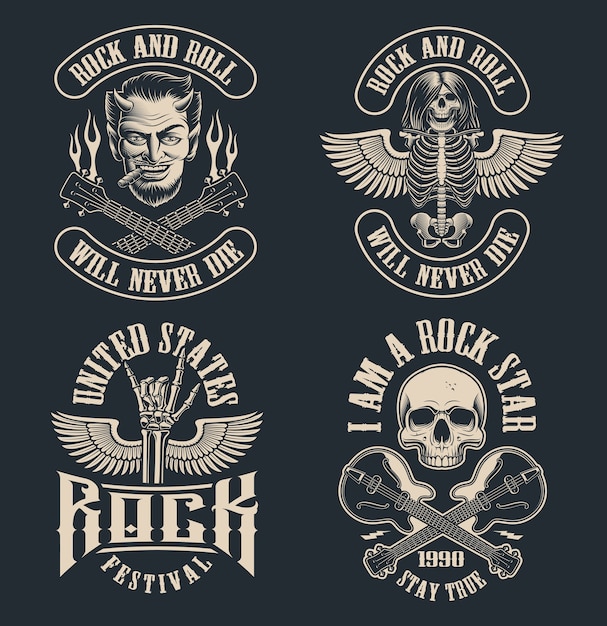 Vector set vintage rock-'n-roll emblemen op donkere achtergrond. perfect voor de hemden en vele andere. tekst staat op de aparte groep.