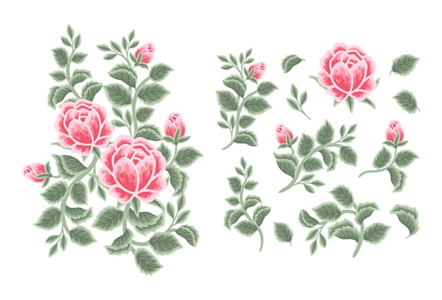 Vector set of vintage rose, peony flower, leaf branch, feminine floral bouquet arrangements