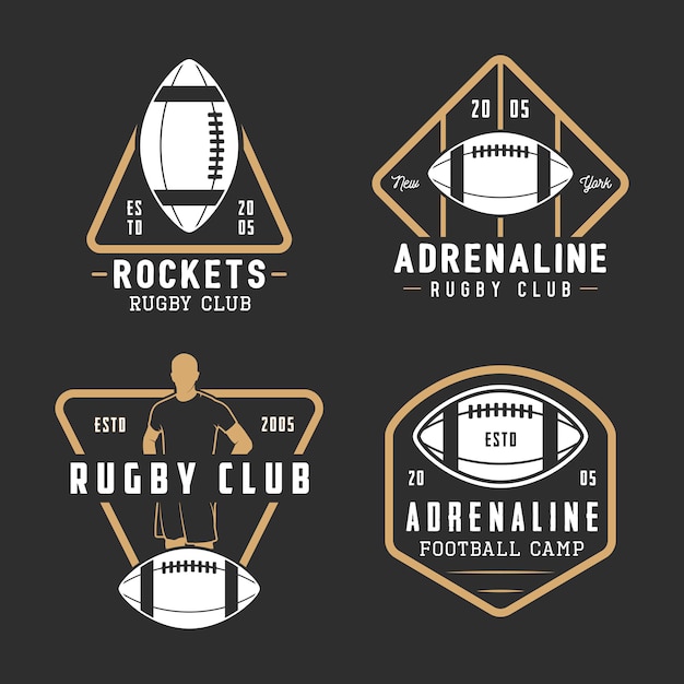 Set di etichette, emblemi e logo vintage rugby e football americano.