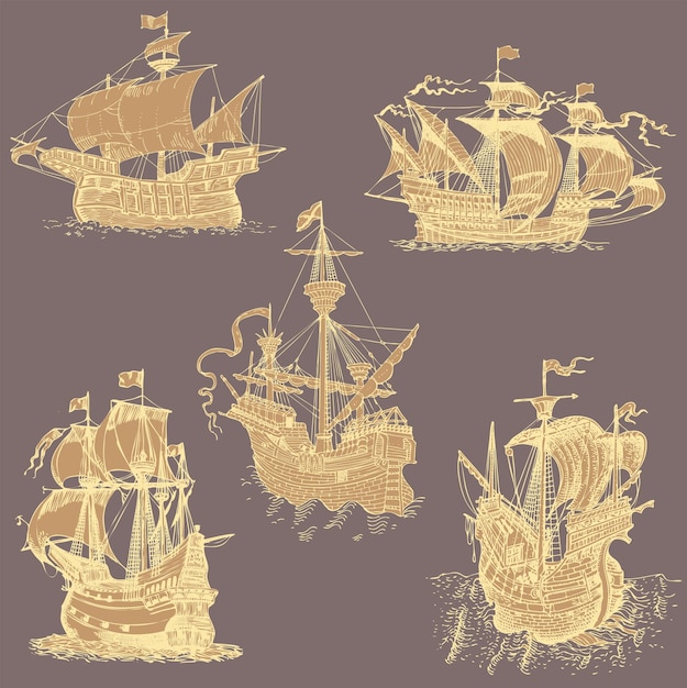 Vector set of vintage ships in medieval engraving style