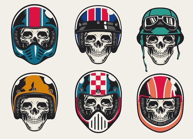 Set of Vintage Skull Wearing Helmet