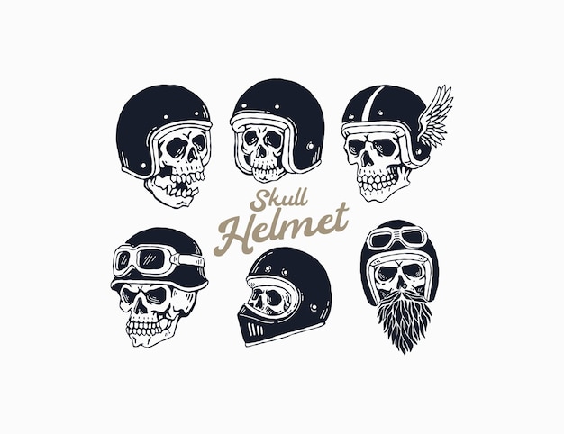 Vector set of vintage skull with retro motorcycle helmet