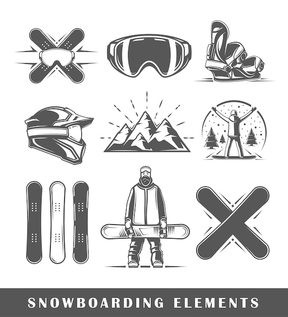 Set of vintage  snowboarding elements