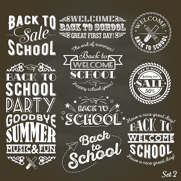 a set of vintage style back to school sale and party on black chalkboard background