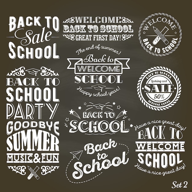 A set of vintage style back to school sale and party on black chalkboard background