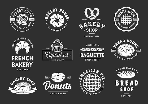 Set of vintage style bakery shop labels badges emblems and logo