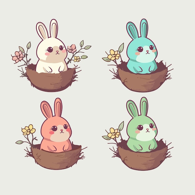 Set Of Vintage Style Cute Bunny Character In Straw Nest Easter Day Concept