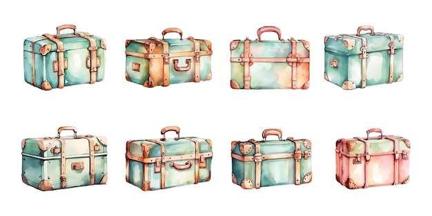 Set of Vintage suitcase watercolor isolated on white background Travel pastel element design in watercolor painting style Vector illustration