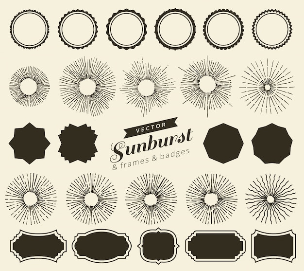 Vector set of vintage sunbursts badges and frames for your design. trendy hand drawn retro bursting rays design elements.  geometric labels