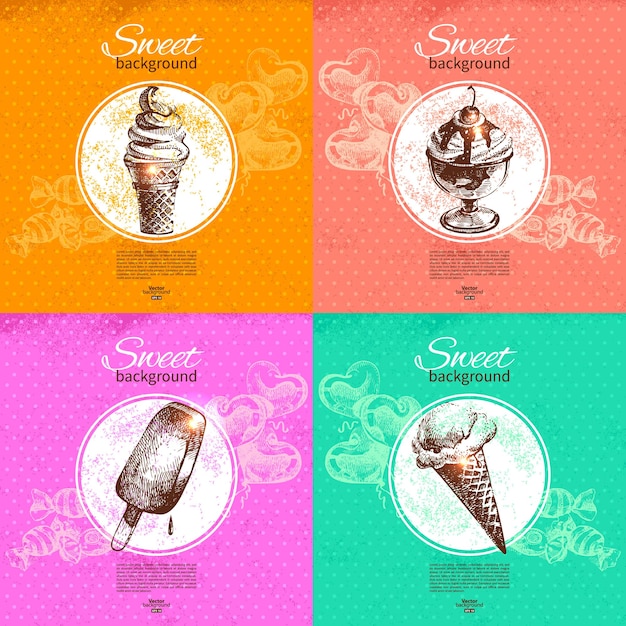 Set of vintage sweet backgrounds. Hand drawn illustration. Menu for restaurant and cafe