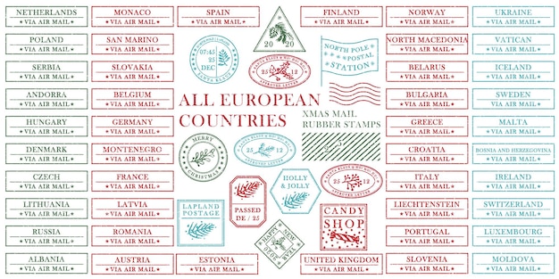 Vettore set di gomma vintage per francobolli natalizi grange testurizzati con simboli di vacanza nei colori rosso verde e blu tutti i paesi europei per inviti di auguri di natale banner web design retrò