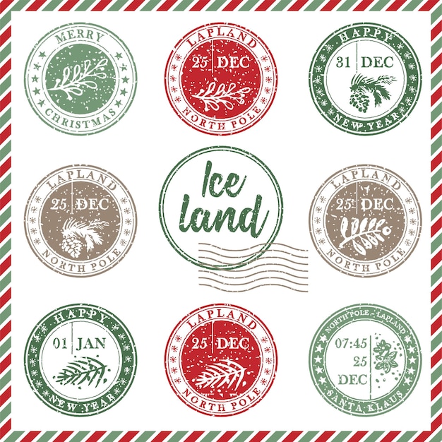 Vector set of vintage textured grunge christmas stamp rubber with holiday symbols in red green and blue colors for xmas greeting card invitations web banner sale flyers retro design