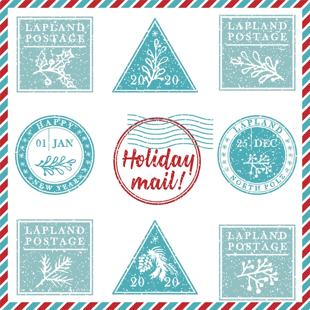 Set of vintage textured grunge christmas stamp rubber with holiday symbols in red green and blue colors For xmas greeting card invitations web banner sale flyers retro design