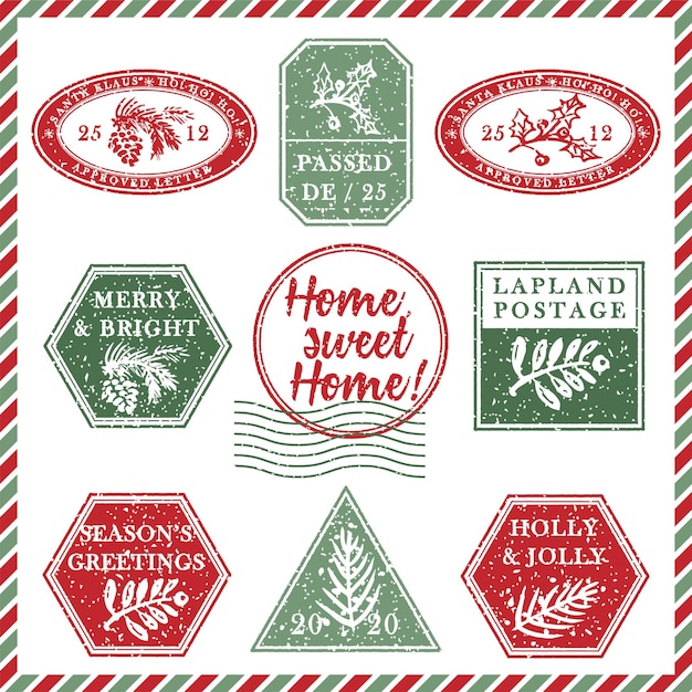 Набор винтажных текстурированных гранжевых рождественских штампов с праздничными символами красного, зеленого и синего цветов. Для рождественских поздравительных открыток, приглашений, веб-баннеров, продажи, листовок, ретро-дизайн