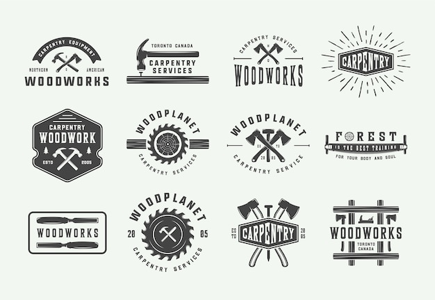 Vector set vintage timmerwerk houtwerk en monteur etiketten