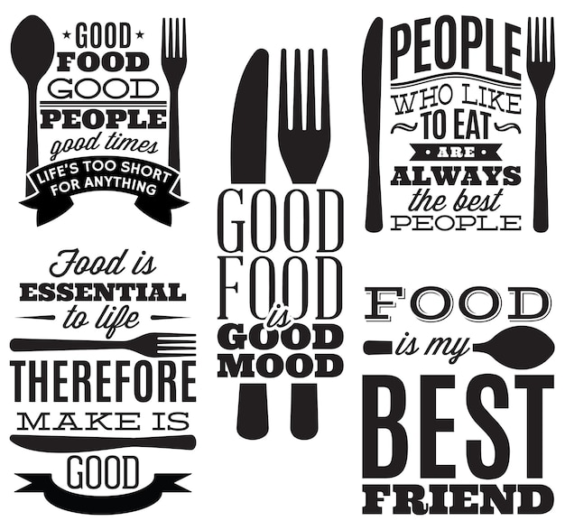 Vector set of vintage typographic food quotes for menu or tshift with knife spoon fork