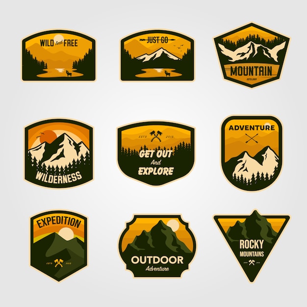 Set vintage v berg outdoor avontuur badge