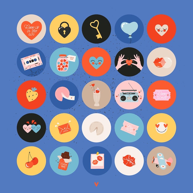 Set vintage Valentijnsdag iconen voor social media en print