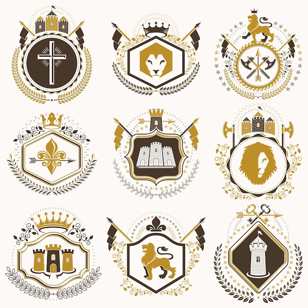 Set vintage vectorelementen, heraldiek etiketten gestileerd in retro design. Symbolische illustraties collectie samengesteld met middeleeuwse bolwerken, monarch kronen, kruisen en arsenaal.