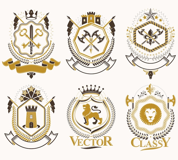 Set vintage vectorelementen, heraldiek etiketten gestileerd in retro design. Symbolische illustraties collectie samengesteld met middeleeuwse bolwerken, monarch kronen, kruisen en arsenaal.