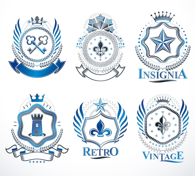 Set vintage vectorelementen, heraldiek etiketten gestileerd in retro design. Symbolische illustraties collectie samengesteld met middeleeuwse bolwerken, monarch kronen, kruisen en arsenaal.