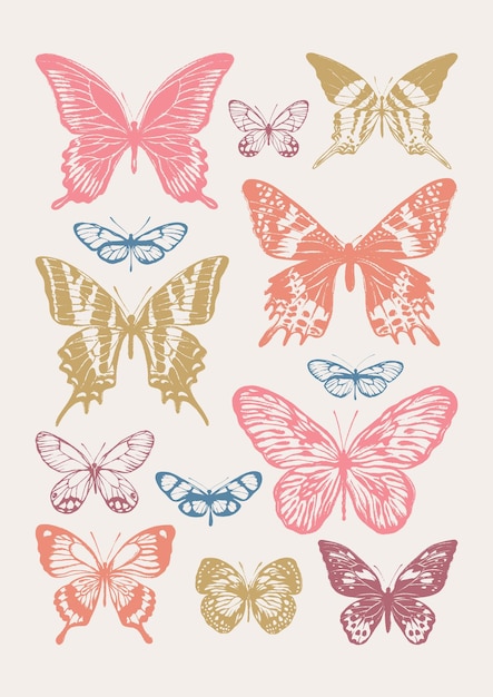 Set vintage vlinders. Textuurborstel en verf. vector illustratie