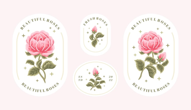 Set vintage vrouwelijke schoonheid roze bloem logo labelelementen met frame