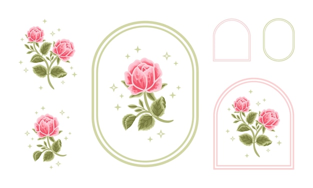 Set vintage vrouwelijke schoonheid roze pioen bloemen logo-elementen met frame voor vrouwen